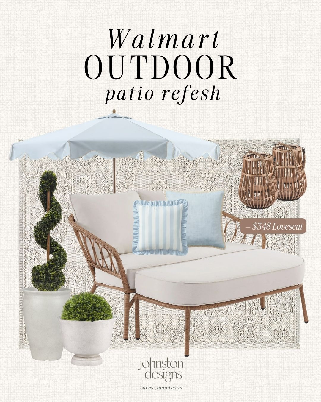 Walmart outdoor patio refresh with loveseat seating, patio umbrella, outdoor rug, lanterns and coastal inspired backyard decor. ☀️

Walmart home, patio refresh, outdoor patio decor, loveseat patio, outdoor seating, patio umbrella, outdoor rug, backyard styling, wicker furniture, coastal outdoor decor, lantern decor, patio makeover. 

 #LTKSeasonal #LTKHome