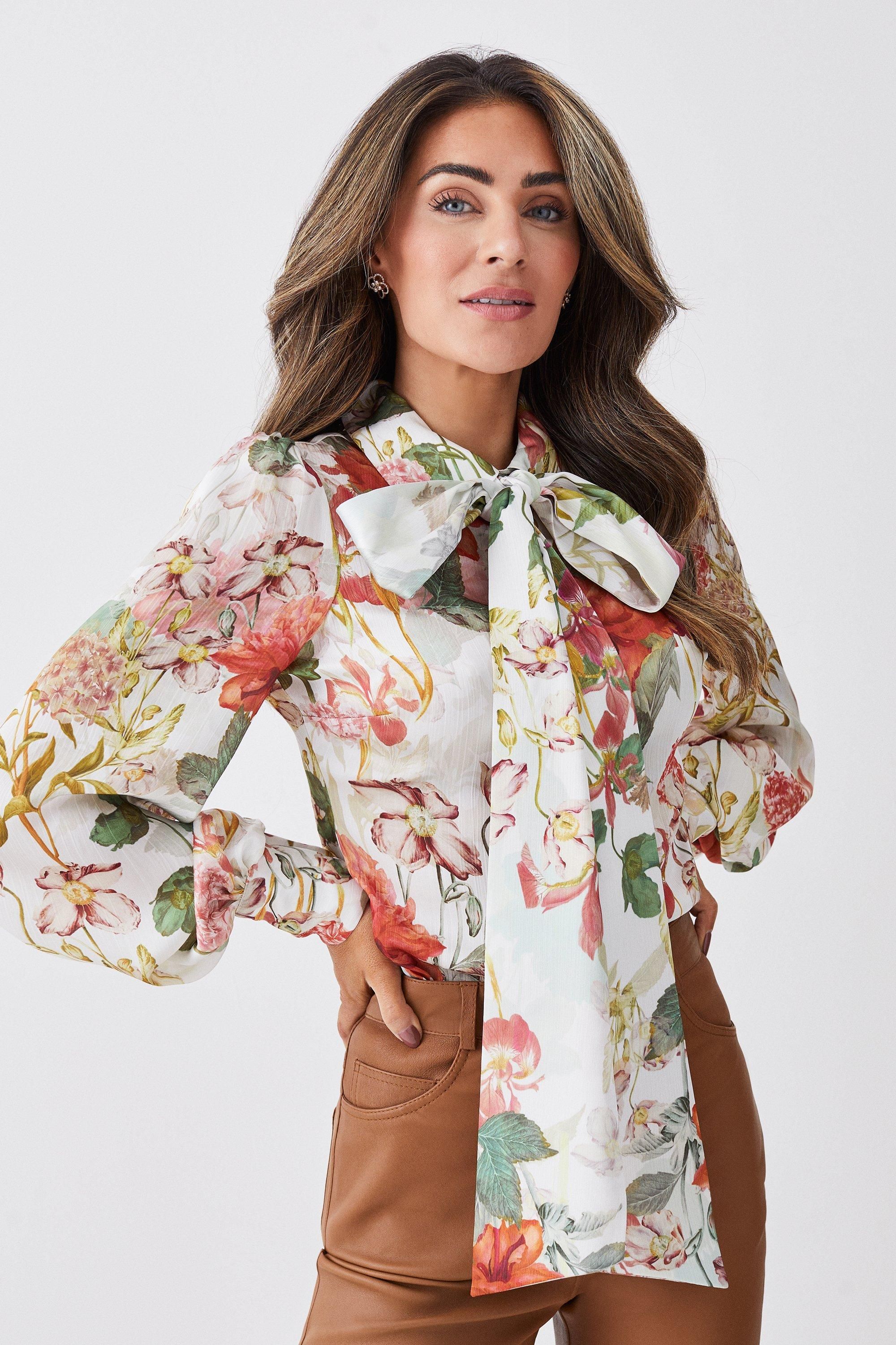 Lydia Millen Crinkle Chiffon Floral Placement Pussybow Top | Karen Millen US