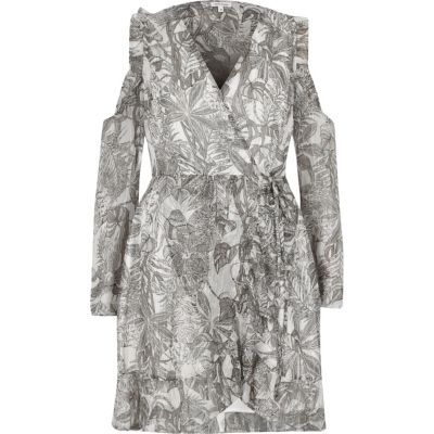 River Island Womens Grey leaf print cold shoulder wrap dress | River Island (UK & IE)