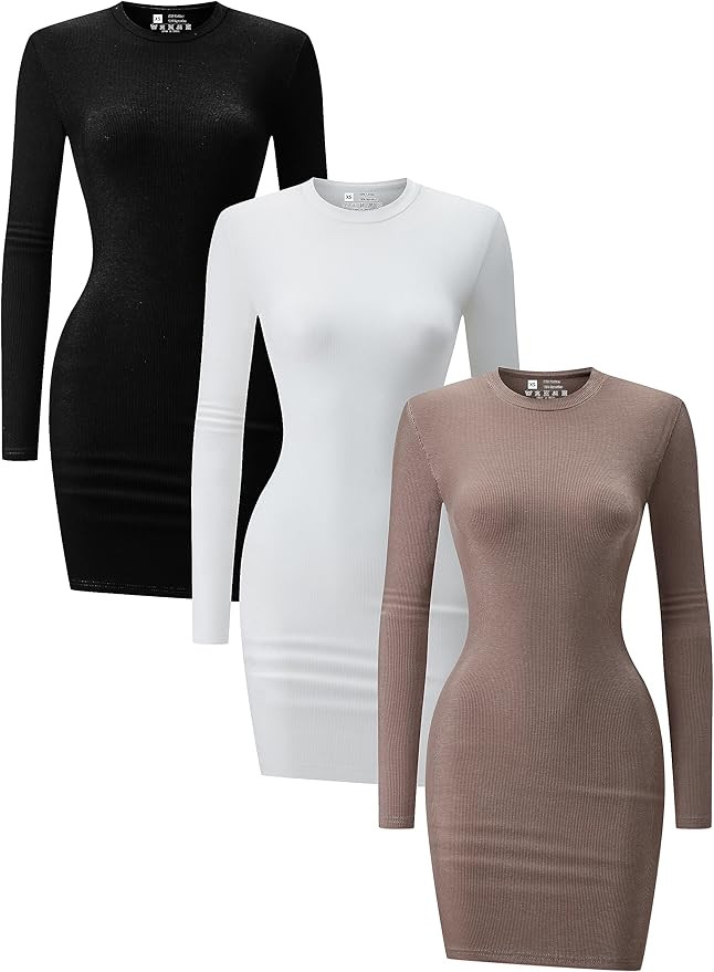Flutnel 3 Piece Women's Winter Ribbed Dress Round Neck Slim Long Sleeve Bodycon Mini Dresses | Amazon (US)