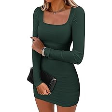 ANRABESS Womens Long Sleeve Bodycon Mini Dress 2026 Fall Ruched Square Neck Slim Fit Rib Knit Clu... | Amazon (US)