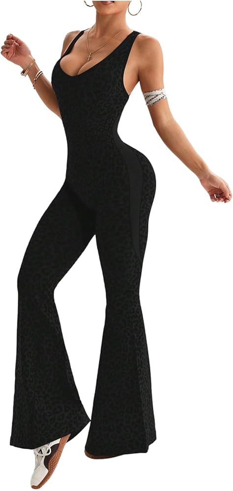 Verdusa Women's Cheetah Print Workout Sets Yoga Jumpsuit Criss Cross Sleeveless Work Out Clothes ... | Amazon (US)