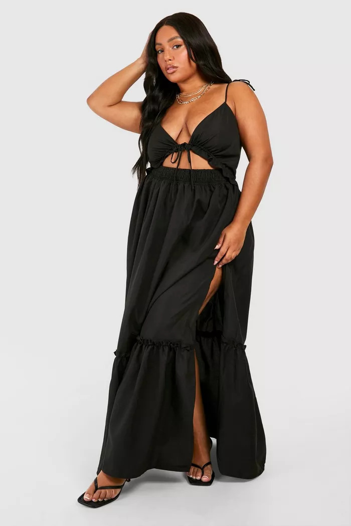 Plus Woven Tie Front Tiered Smock Maxi Dress | boohoo (US & Canada)