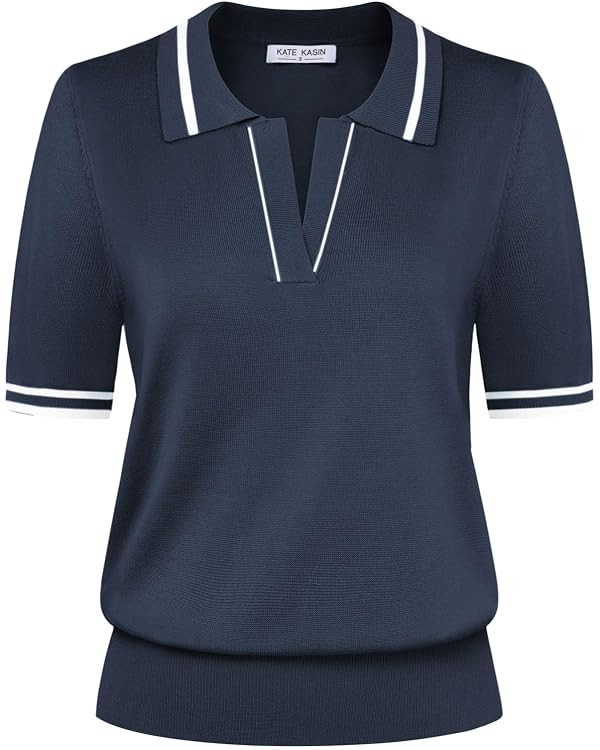 Kate Kasin Women Short Sleeve Polo Sweater V Neck Knitted Tops Casual Ribbed Shirt Loose Pullover... | Amazon (US)