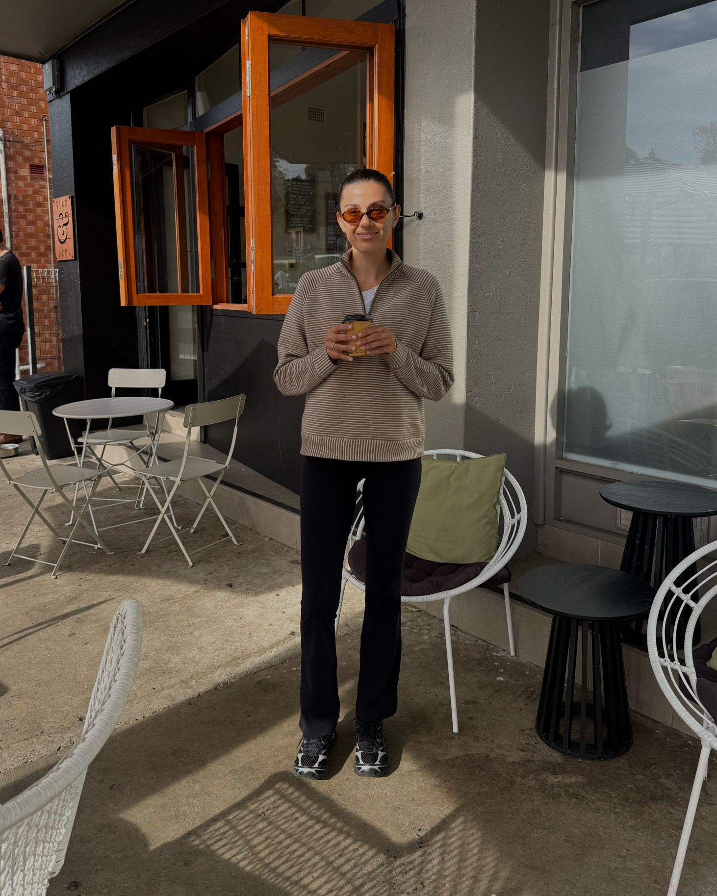 Walk to coffee outfit as a mum of two who likes being comfortable but still put together. Flares and sweater both Nimble. ASICS sneakers and Miu Miu sunglasses x