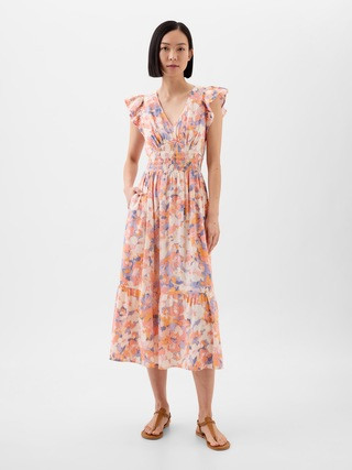 V-Neck Flutter Sleeve Midi Dress | Gap Factory