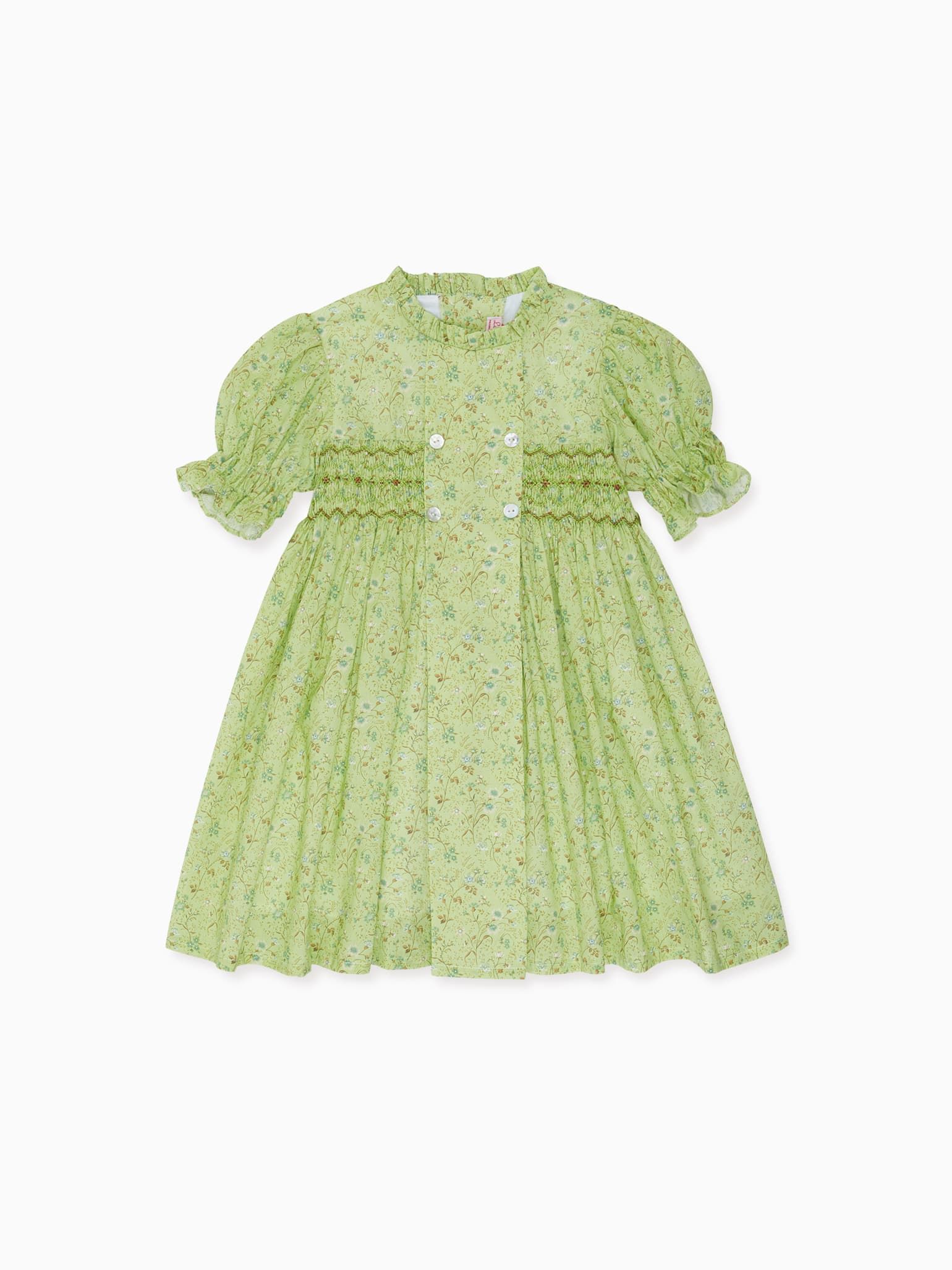 Green Floral Carla Girl Hand-Smocked Dress | La Coqueta (US)