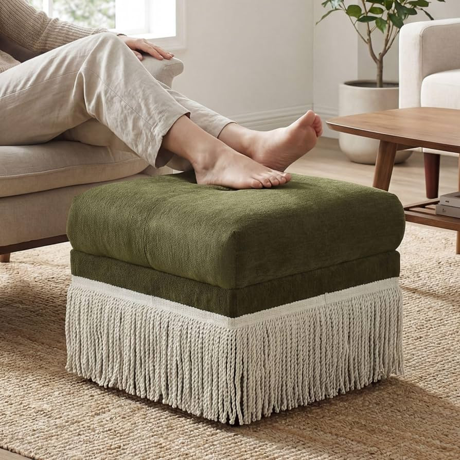 Hyfirm Green Upholstered Ottoman Footstool with Fringe Skirt, 21.5" Square | Amazon (US)