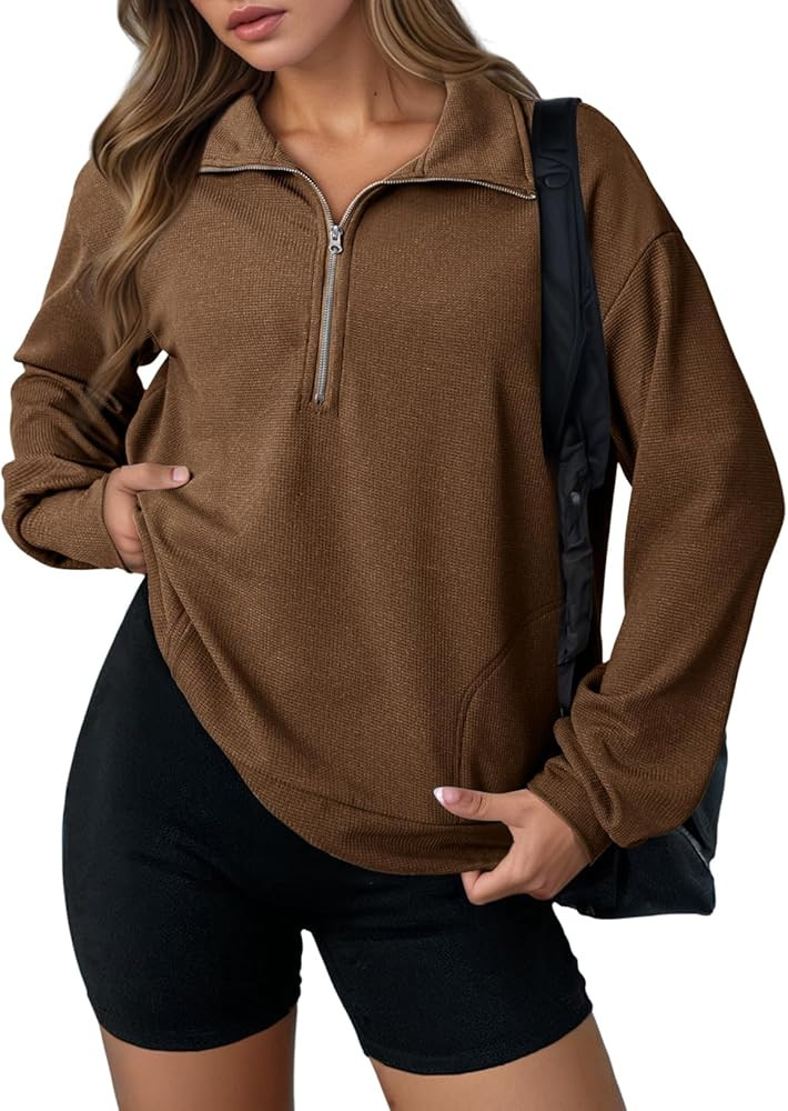 Dokotoo Womens Sweatshirt Waffle Knit Long Sleeve Lapel Half Zip Up Casual Lightweight Soft Sweat... | Amazon (US)