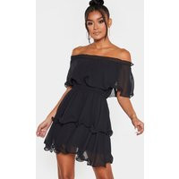 Black Chiffon Bardot Ruffle Tiered Dress | PrettyLittleThing CAN