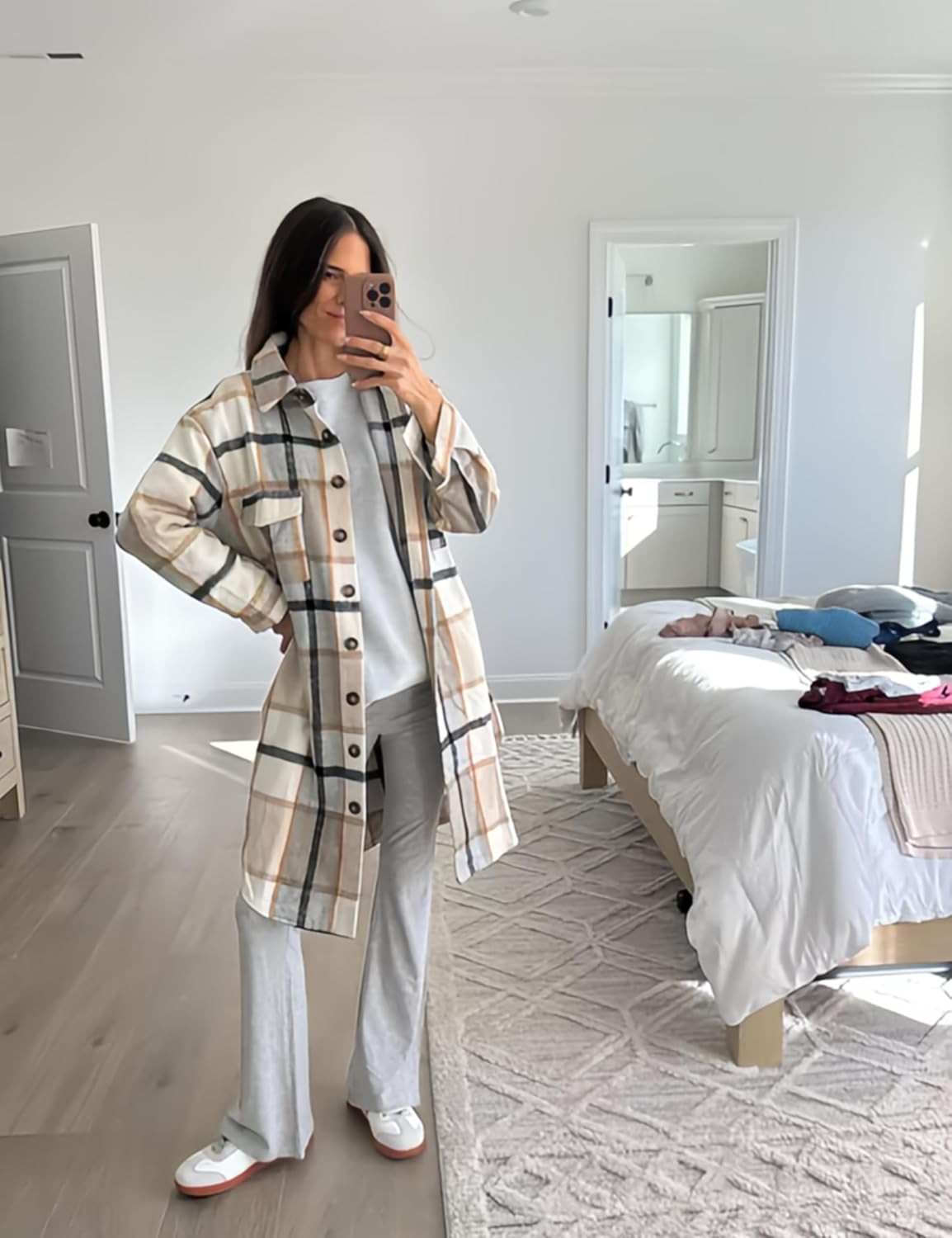 PUWEI Women's Casual Lapel Button Down Long Plaid Shirt Coat Tartan Shacket Jacket | Amazon (US)