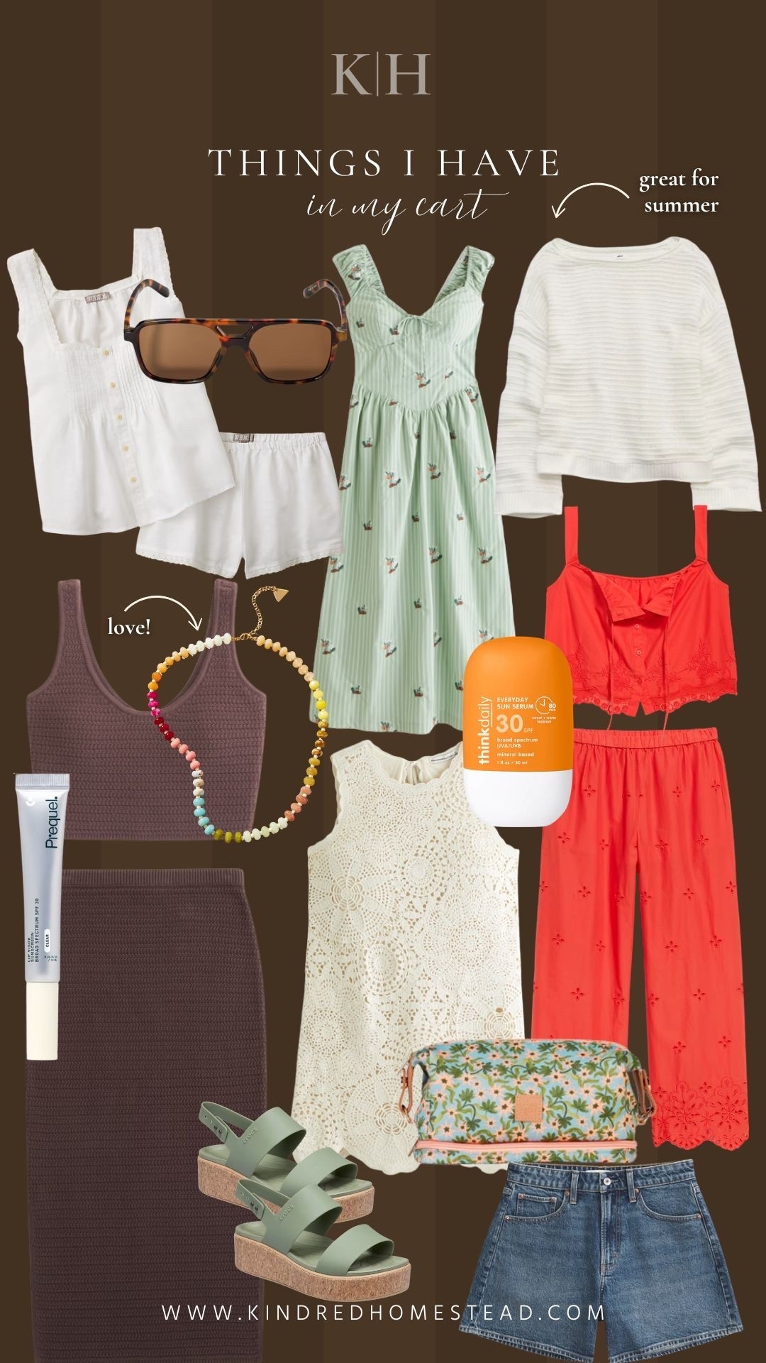 Current summer cart favorites ☀️ Matching sets for easy mornings, effortless dresses, woven accessories, everyday gold jewelry, and the sunscreens I keep reaching for all season long. A mix of comfy, coastal, polished, and practical pieces for summer days, travel, errands, and everything in between. #LTKStyle #SummerStyle #MatchingSets #SummerDresses #BeautyFavorites #SunscreenFavorites #CapsuleWardrobe #KindredHomestead
