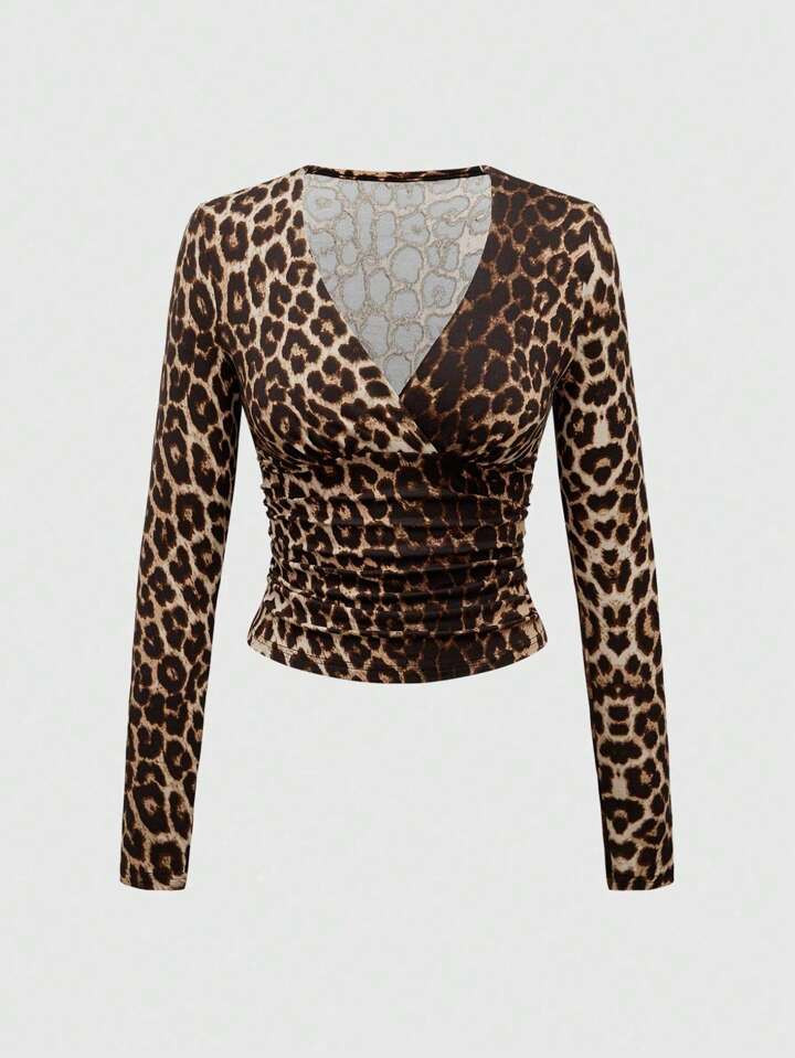 ROMWE Grunge Punk Y2K Leopard Print Deep-V Waist Ruched Women's Fitted T-Shirt, Fall Tee | SHEIN