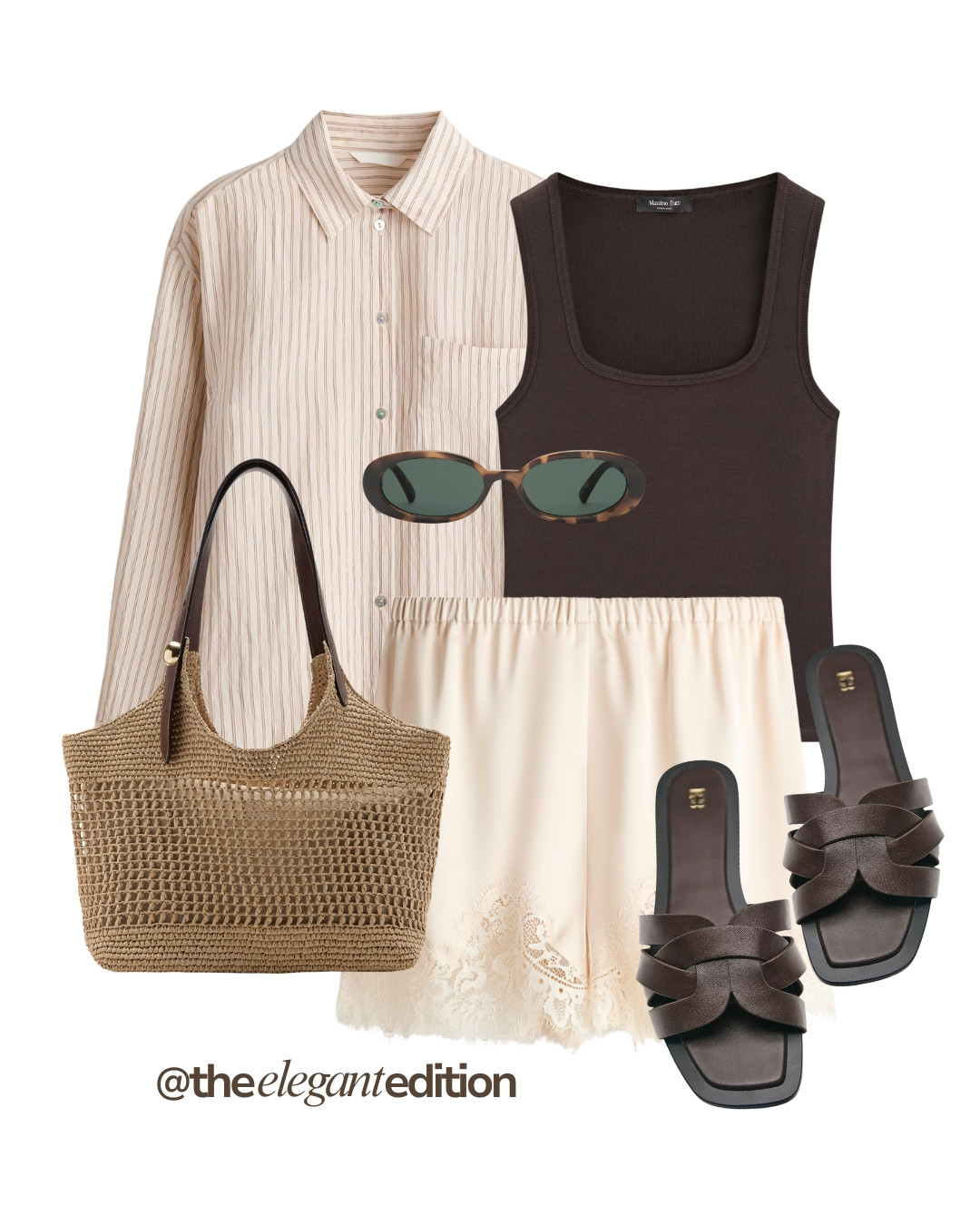 WOVEN BAG LOOK - A relaxed everyday summer outfit with a raffia tote as the star. Striped shirt, chocolate tank, cream lace shorts and brown flat sandals #wovenbag #raffia #laceshorts #LTKspring #LTKsummer #LTKstyletip 

 #LTKeurope #LTKsummer #LTKbag