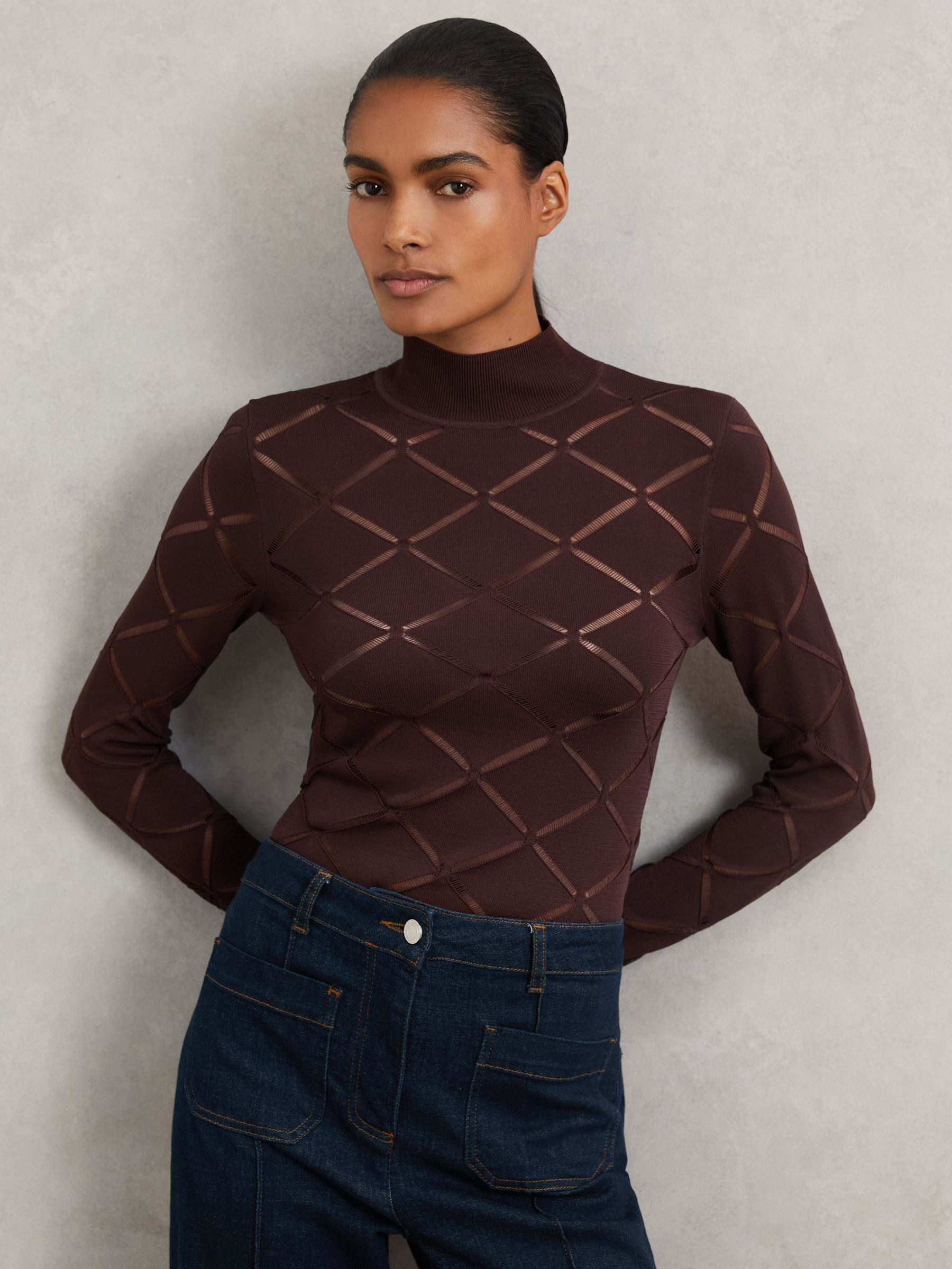 Laser-Cut Funnel-Neck Knit Top in Burgundy | Reiss UK