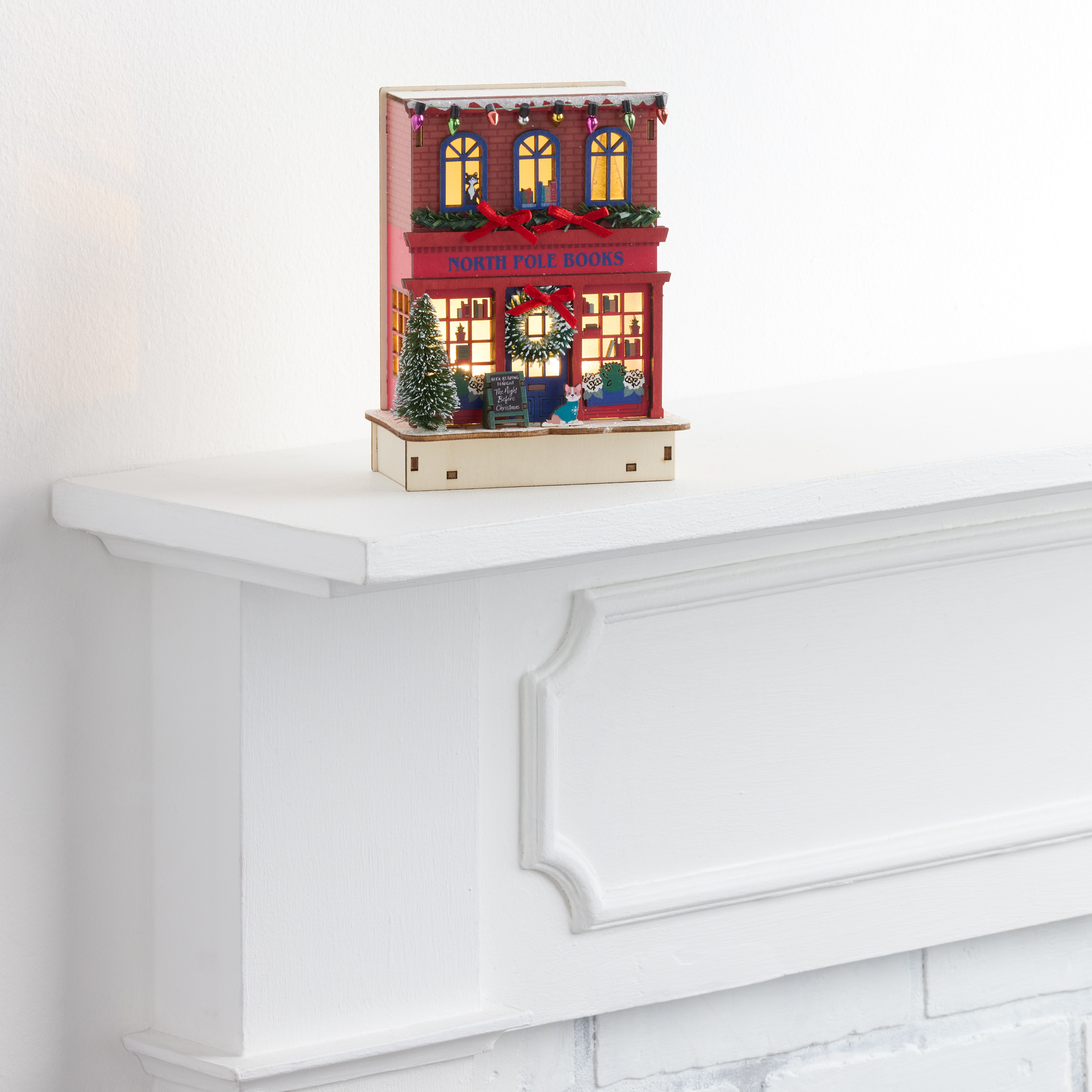 Laser Cut Wood Holiday Bookstore LED Light Up Decor | World Market