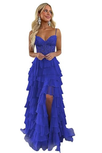 REIOKJT Lace Tiered Prom Dress Sweetheart Homecoming Dress with Slit Ruffle Chiffon Prom Dresses Royal Blue A US4 | Amazon (US)
