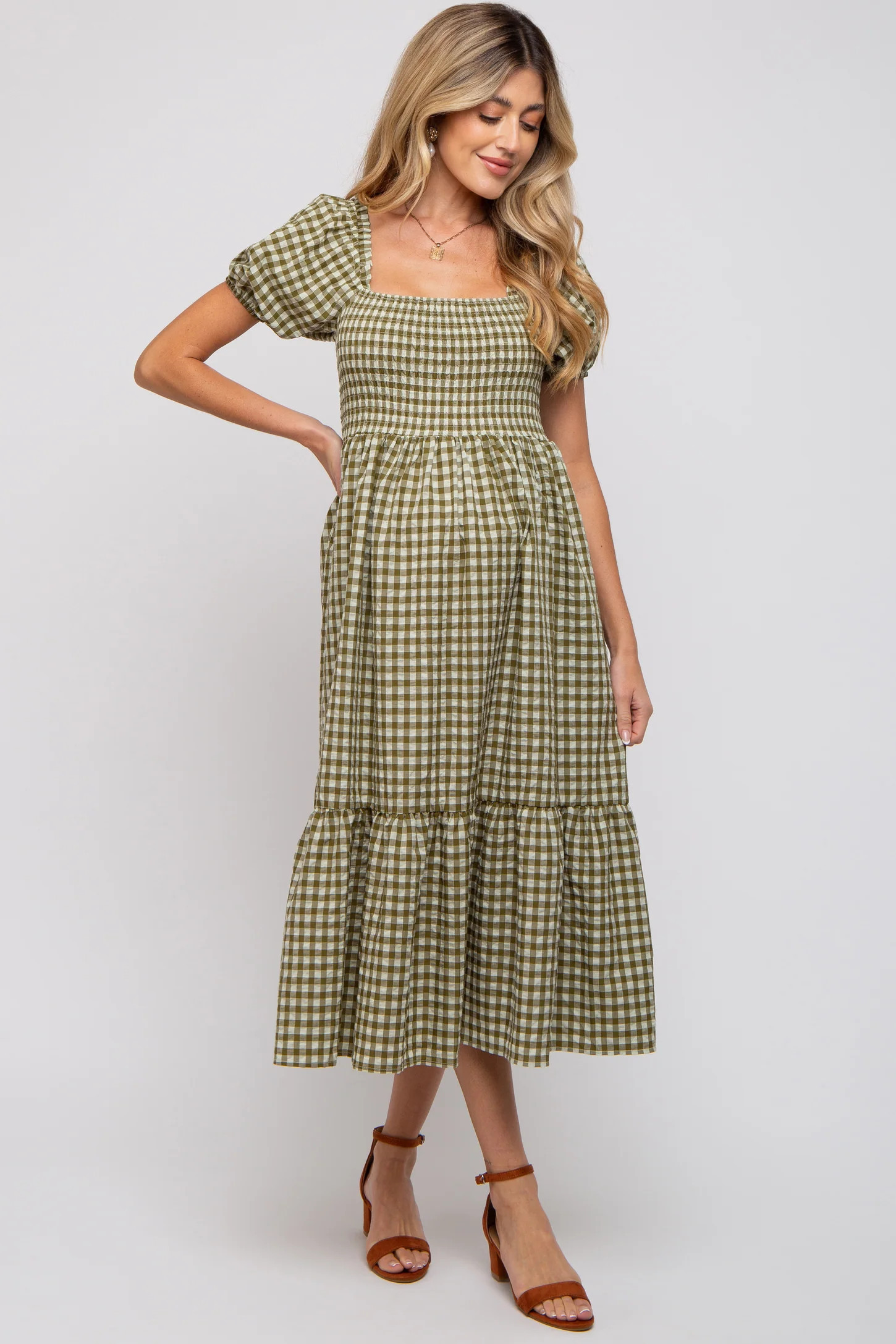 Olive Gingham Smocked Maternity Midi Dress | PinkBlush Maternity
