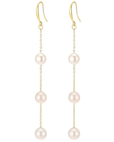 Freshwater Pearl Drop Earrings for Women 18K Gold Plated Hypoallergenic Pearl Dangle Earrings 3.5’’ Long Pearl Earrings for Women Bridal Wedding Everyday Jewelry (White) | Amazon (US)