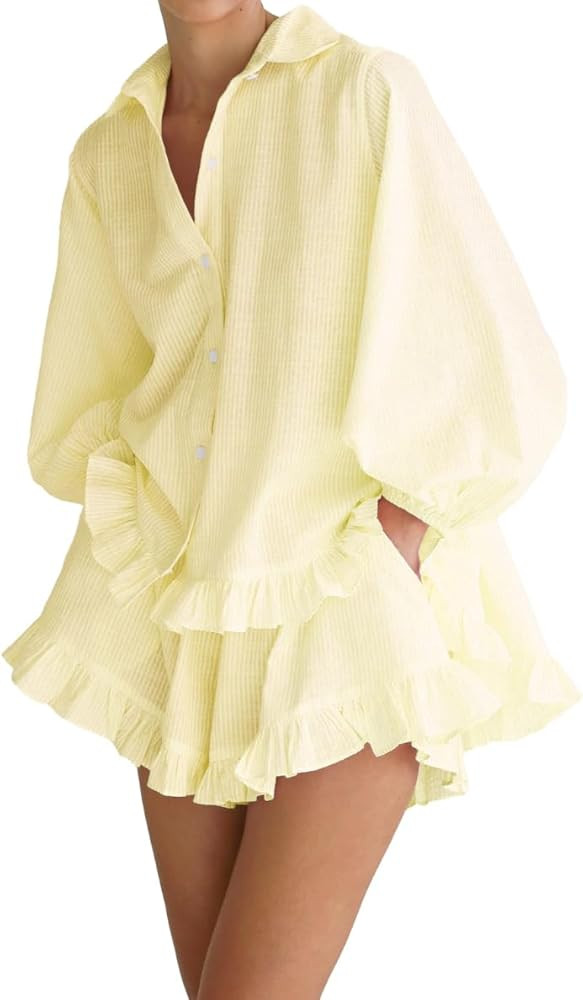 Women Ruffle 2 Piece Sets Long Sleeve Button Down Shirts and Shorts Fashion Stripe Sweatsuit Sets | Amazon (US)