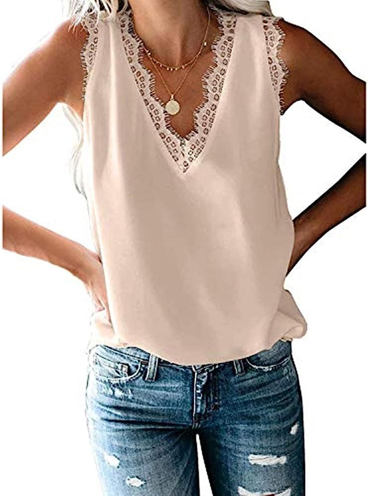 HARHAY Women's V Neck Lace Trim Casual Tank Tops Sleeveless Blouses Shirts | Amazon (US)