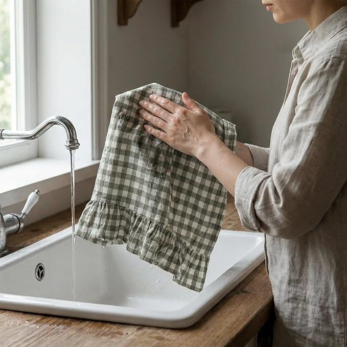 HunnmingRe Sage Green Kitchen Towels Set of 2, 100% Cotton Ruffled Gingham Dish Towels 18"x28" Ab... | Amazon (US)