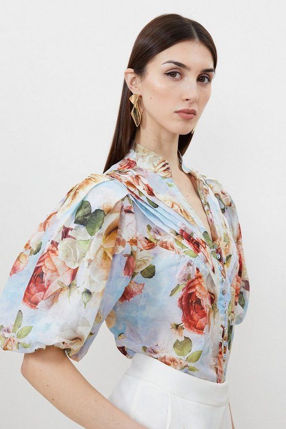 Rose Floral Silk Cotton Woven Blouse | Karen Millen US