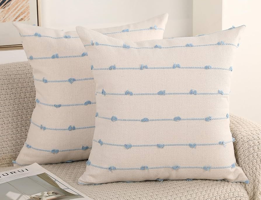 Set of 2 Boho Throw Pillow Covers 18x18,Light Blue and White Neutral Couch Pillow Case with Tasse... | Amazon (US)
