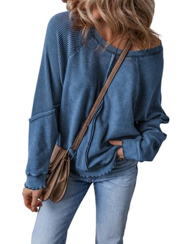 SHEWIN Womens Sweatshirt Oversized Casual Crewneck Long Sleeve Pullover Off The Shoulder Waffle K... | Amazon (US)