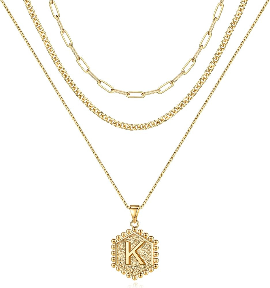 M MOOHAM Layered Initial Necklaces for Women, 14K Real Gold Plated Layered Necklaces for Women Initi | Amazon (US)