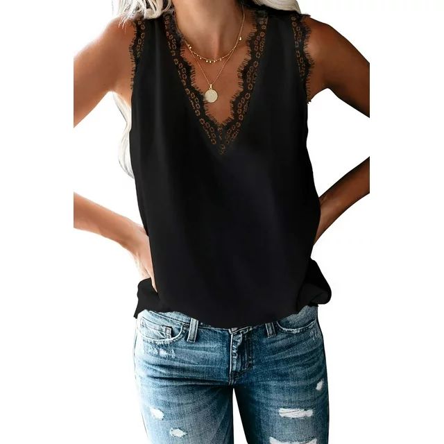 Dokotoo Womens Tank Tops Summer Casual Lace Cami Black Fashion Tank Top for Women Sleeveless Blou... | Walmart (US)