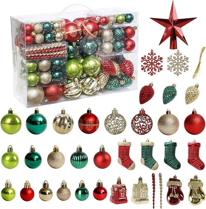 Christmas Tree Ornament, 132pcs Christmas Tree Decoration Set Red Green Gold Christmas Ball Shatt... | Amazon (US)