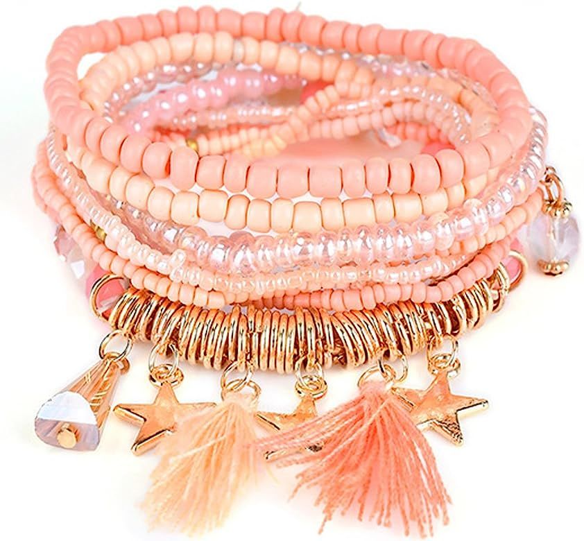 Stretch Multilayer Beaded Bracelets Stackable Bracelets, Colorful Strand Beach Bangle Crystal Boh... | Amazon (US)