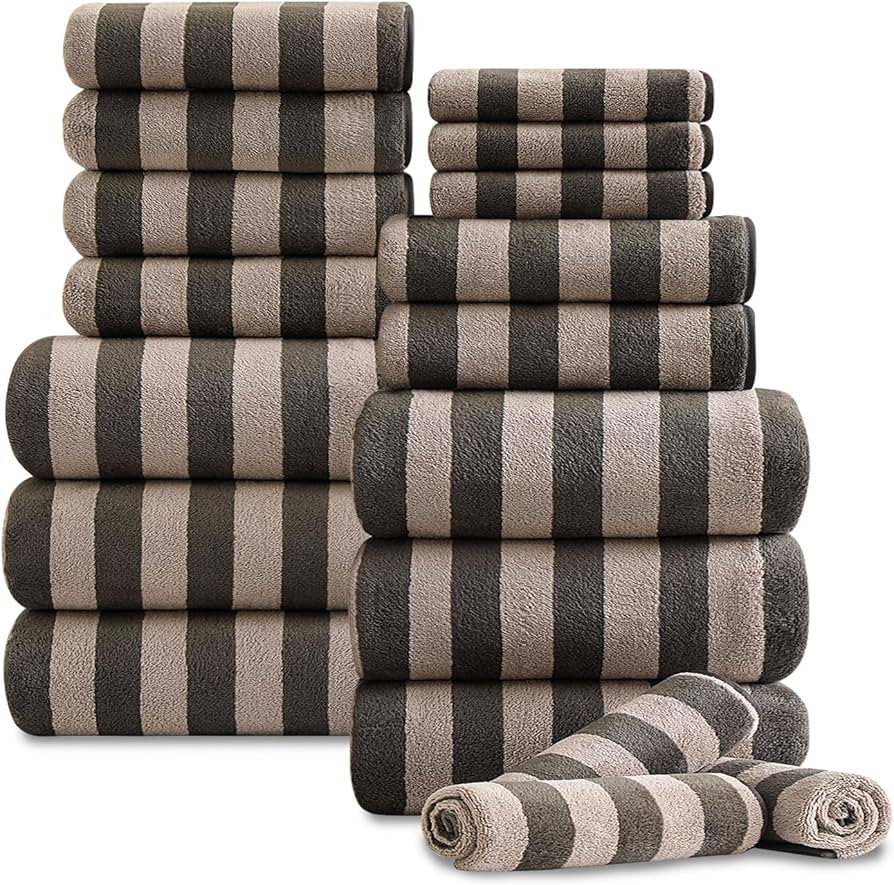 18 Pcs Brown Cabana Stripe Family Towels Set with Hanging Loop-6 Bath Sheets,6 Hand Towels,6 Wash... | Amazon (US)