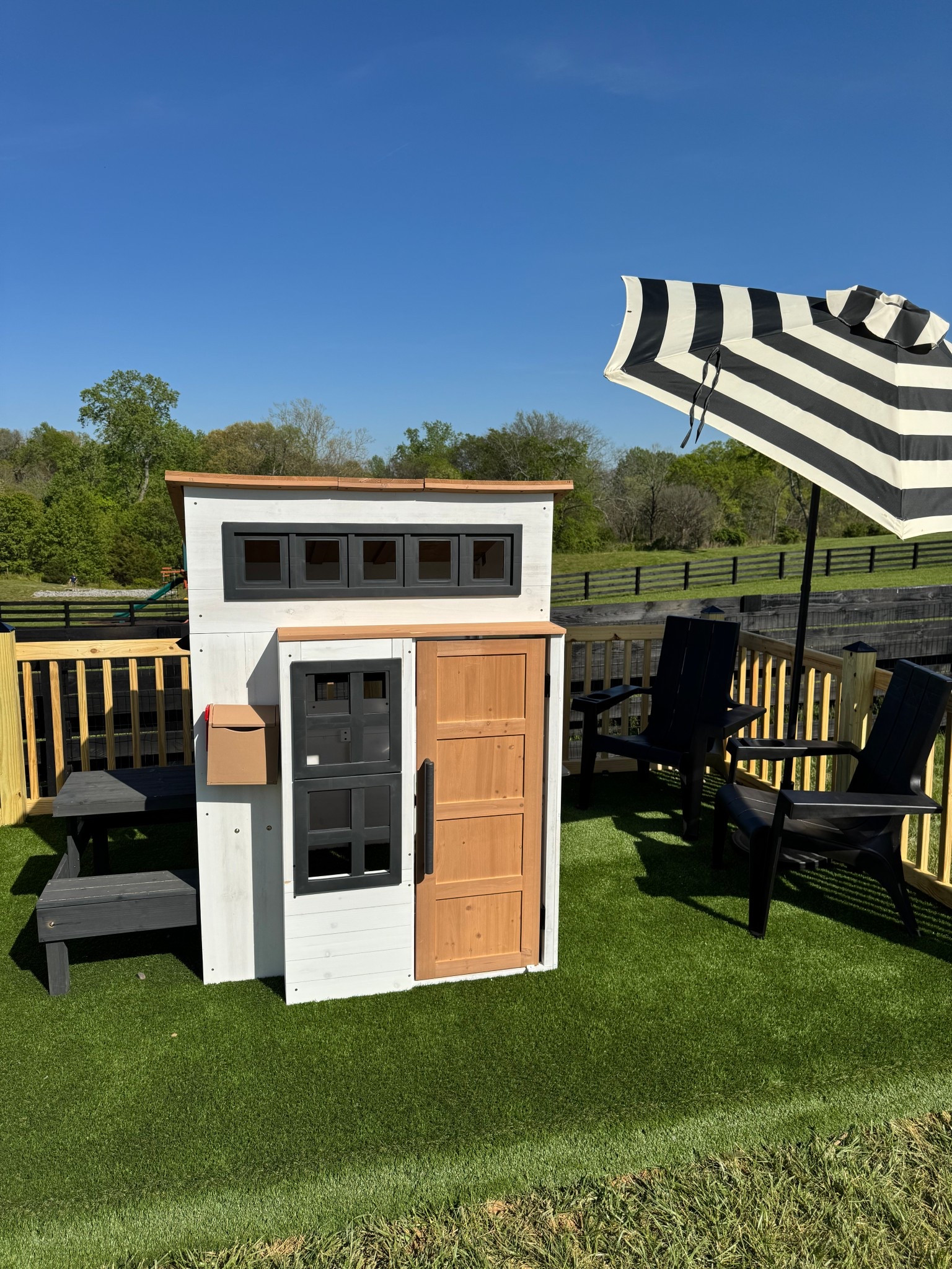 Outdoor KidKraft Modern Playhouse For Toddlers | Backyard Toys + Furniture | Toddler Playset Picnic Table | Adirondack Chair | Outdoor Umbrella Stand, Black and White Striped Backyard Patio Umbrella 

#LTKKids #LTKHome #LTKSeasonal