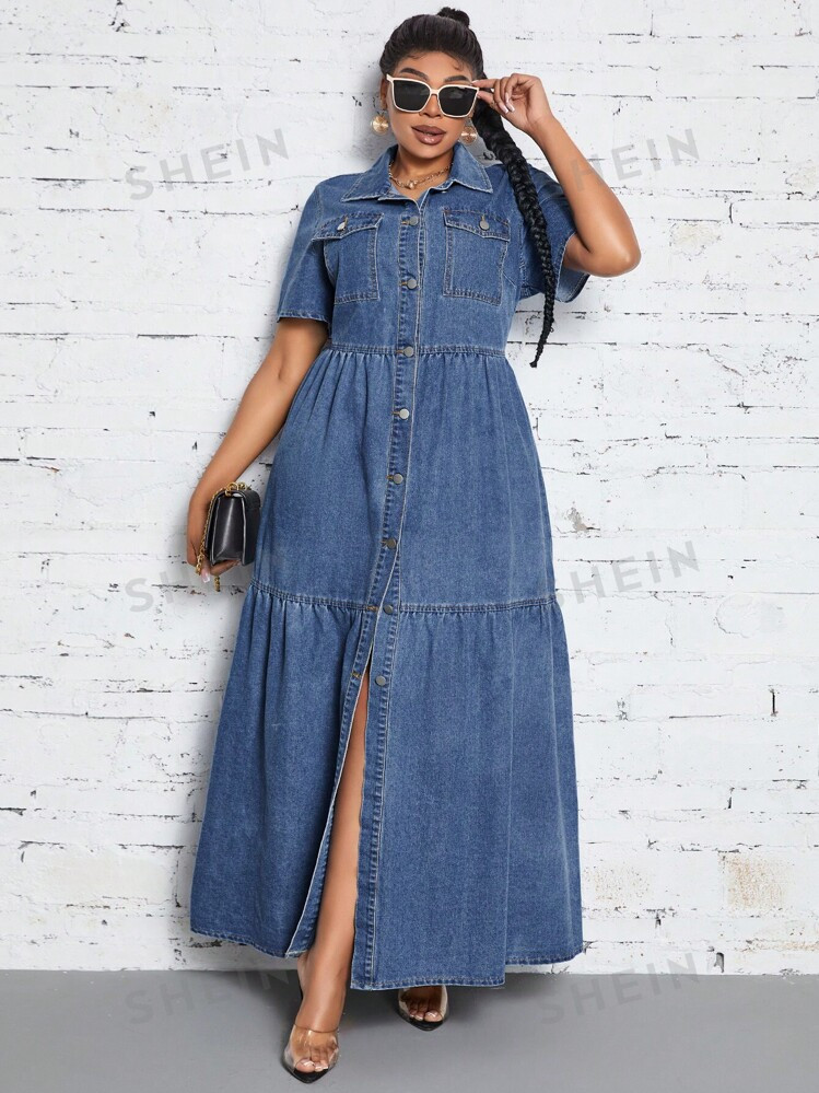 SHEIN SXY Plus Size Long Denim Dress With Front Buttons And Cinching Waist, Spring/Summer | SHEIN