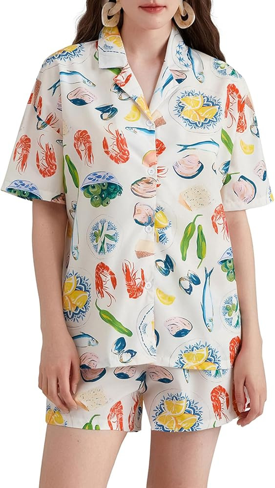 Women Graphic 2 Piece Outfit Button Short Sleeve Shirts and Shorts Printed Lounge Sets Summer Mat... | Amazon (US)