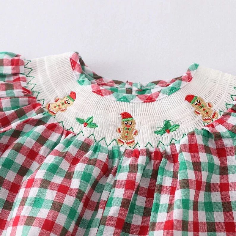 Smocked Christmas romper Gingerbread holiday smocked embroidered Red white green gingham READY TO... | Etsy (US)