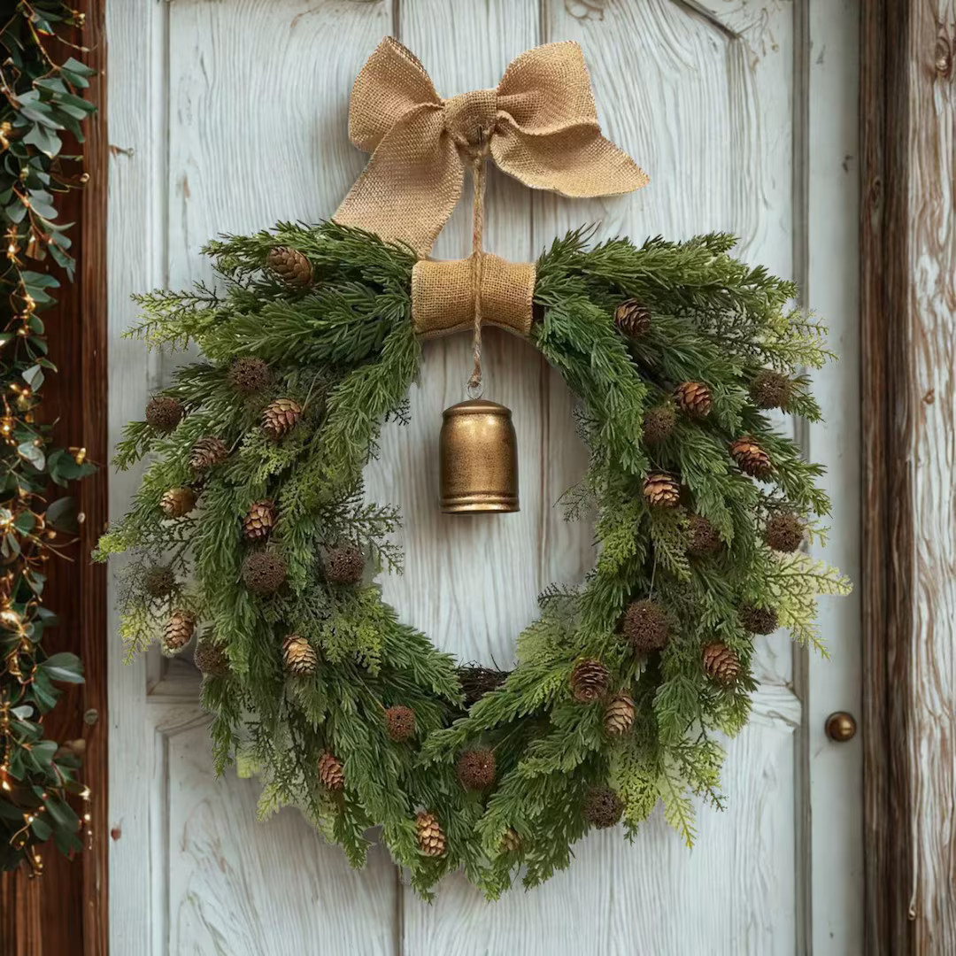 Rustic Christmas Wreath With Bell – 50cm Pine Cone Holiday Door Decor, Farmhouse Winter Garland... | Etsy (US)