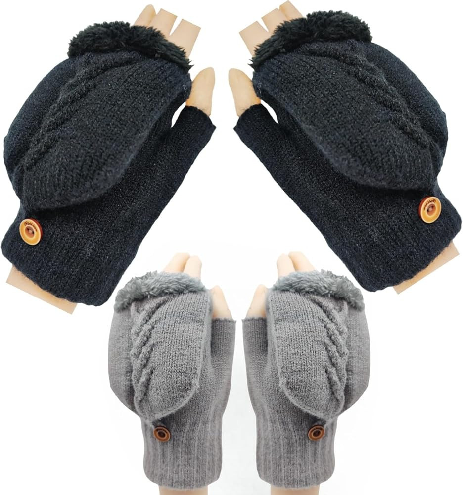 2 Pairs Fingerless Wool Gloves for Women Warm Fleece Lined Knit Texting Mittens | Amazon (US)