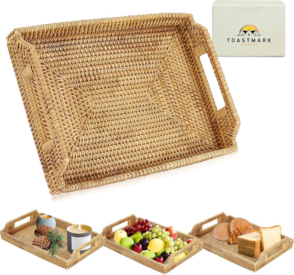 Hand Woven Rattan Serving Tray - Durable, Lightweight 14 Inches Rattan Basket Trays with Handles ... | Amazon (US)