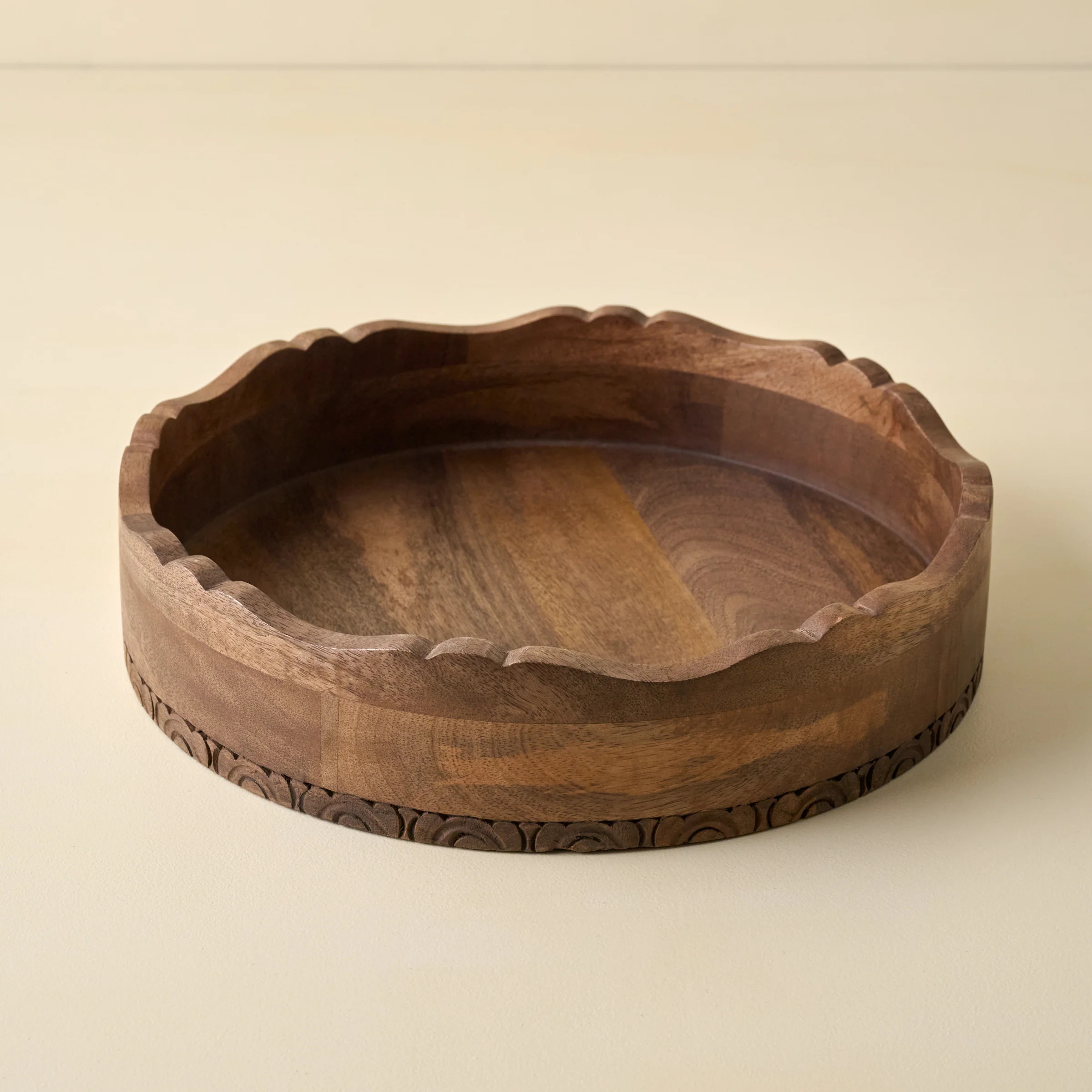 Caroline Carved Wood Round Scalloped Tray | Magnolia