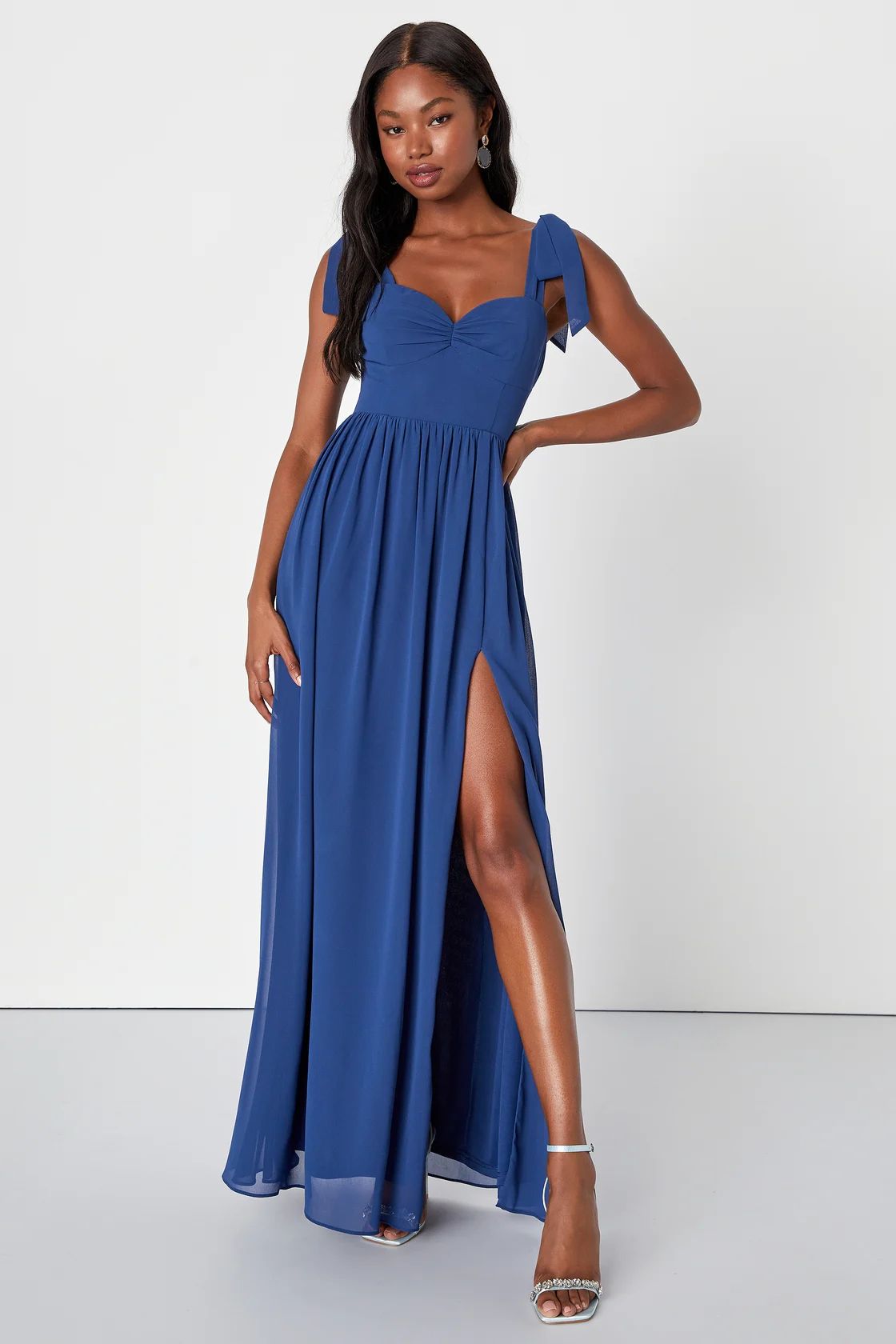 Radiant Charisma Blue Chiffon Ruched Tie-Strap Maxi Dress | Lulus