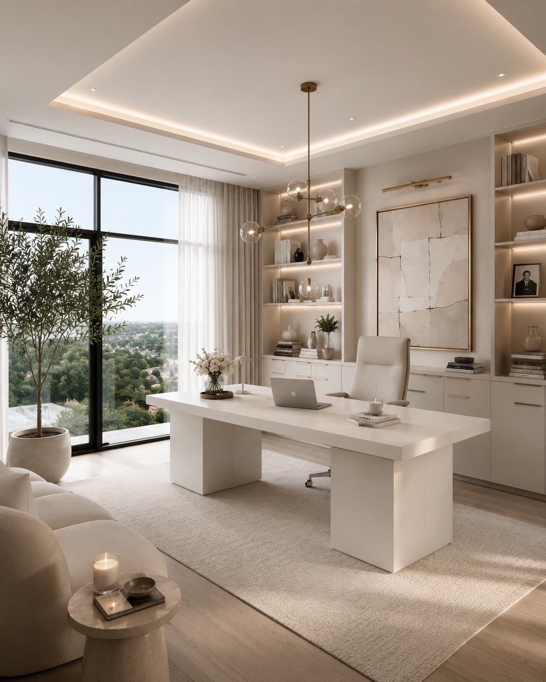 Design a bright and elegant home office with a minimalist white executive desk, custom built-in shelving, warm ambient lighting, and floor-to-ceiling windows that bring nature indoors. Soft neutral tones, organic textures, and timeless modern styling create a calm, productive workspace with a luxury boutique feel.

#homeoffice #homeofficedesign #luxuryoffice #modernoffice #officeinspiration #workspacegoals #homeofficeideas #luxuryinteriors #interiordesign #neutralhome #modernhome #homedecor #designerhome #officedecor #desksetup #homeinspiration #interiorinspiration #ltkhome #amazonhome #modernluxury