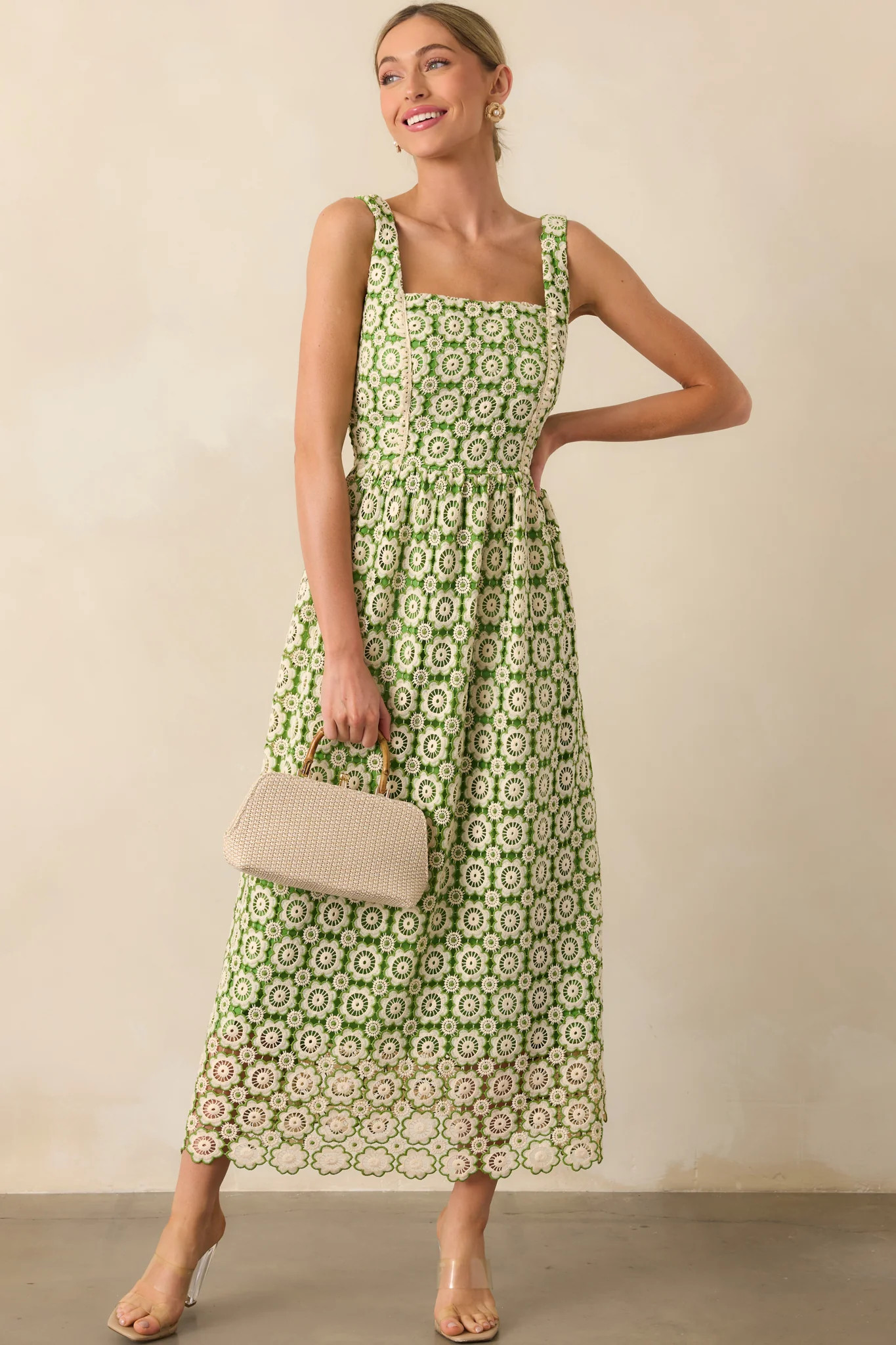In The Meadow Green Floral Embroidered Midi Dress | Red Dress