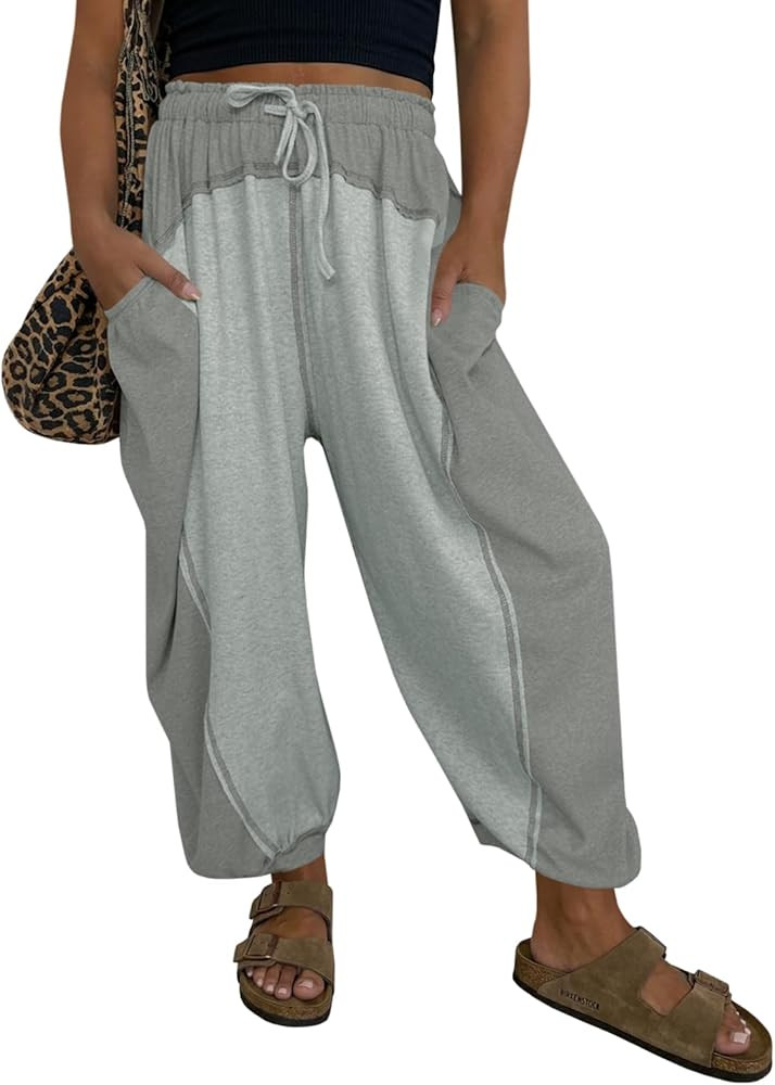 Fisoew Womens Baggy Wide Leg Harem Barrel Pants Casual Elastic Waist Drawstring Color Block Worko... | Amazon (US)