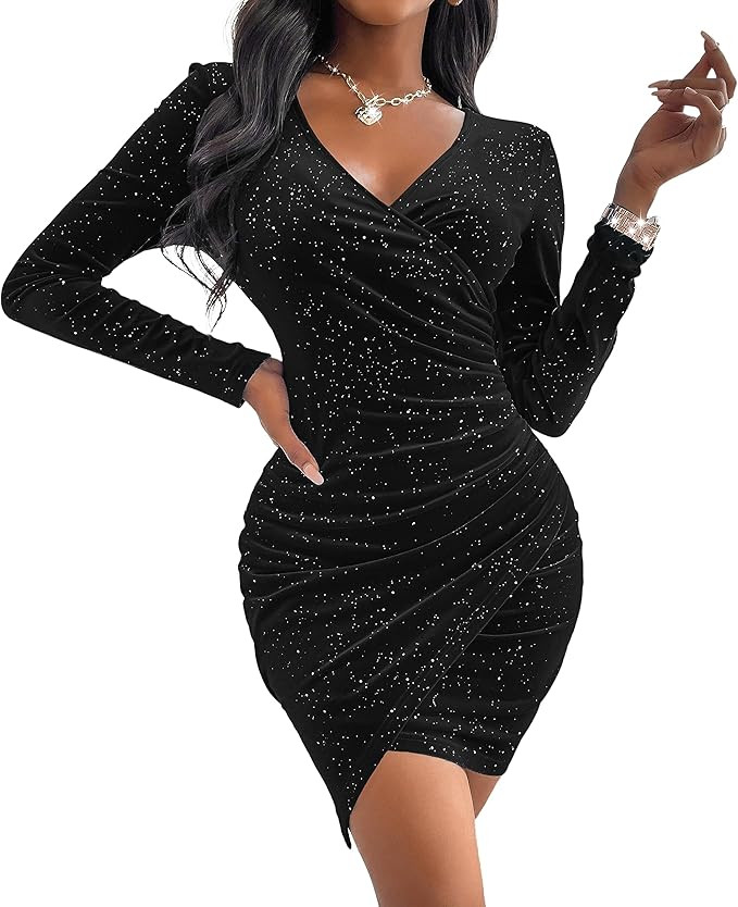 Sexyasasii Women's Mini Wrap Dress V Neck Long Sleeve Velvet Bodycon Glitter Ruched Cocktail Part... | Amazon (US)