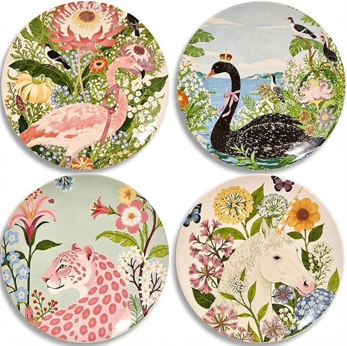 4 Piece Ceramic Plates Set, 8.5Inch Dessert & Salad,Appetizer Plates，Illustrated style Prints, ... | Amazon (US)