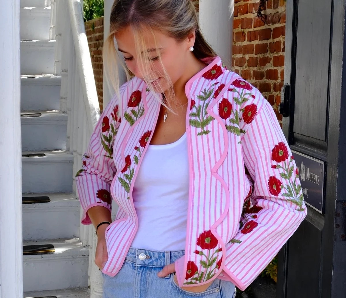 Quilted Jacket Pink Stripe Milos with Scallops | Madison Mathews