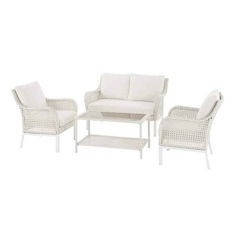 Mainstays Tuscany 4-Piece Wicker and Steel Outdoor Conversation Set, White/Cream | Walmart (US)